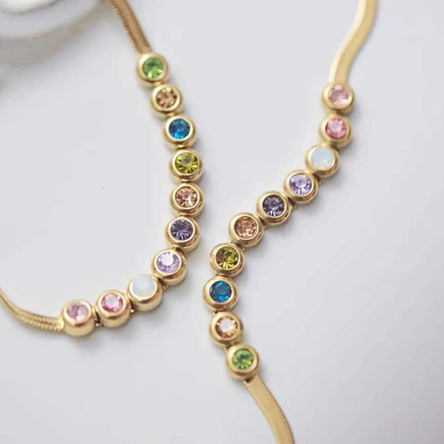 18K Gold Plated Stainless Steel Multi Color Zircon Herringbone Chain for Women M251213