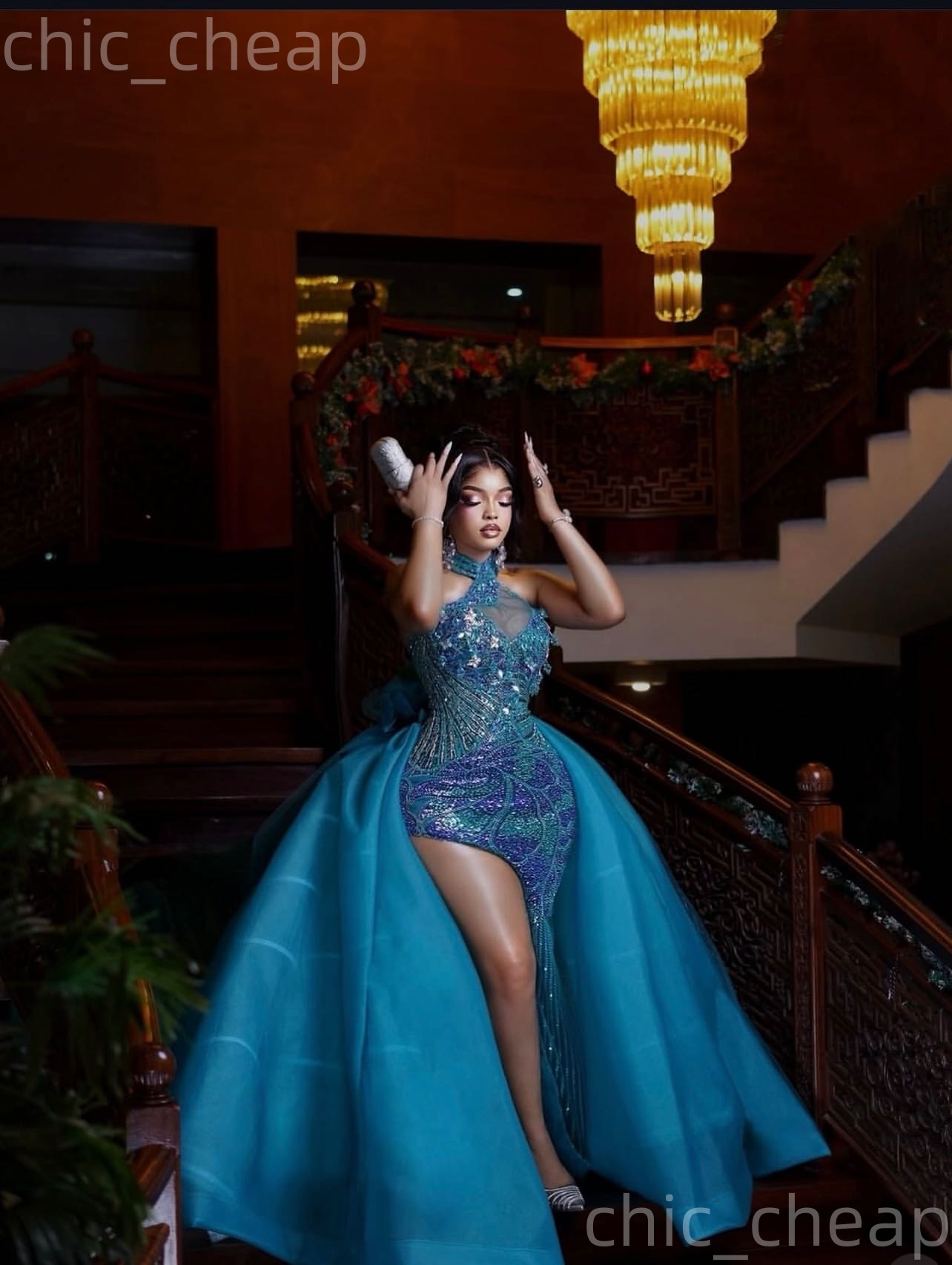 Aso Ebi Blue Sheath Prom Dresses 2026 Crystals High Split Sequined Evening Formal Party Second Birthday Engagement Gowns Plus Size Dress For Special O