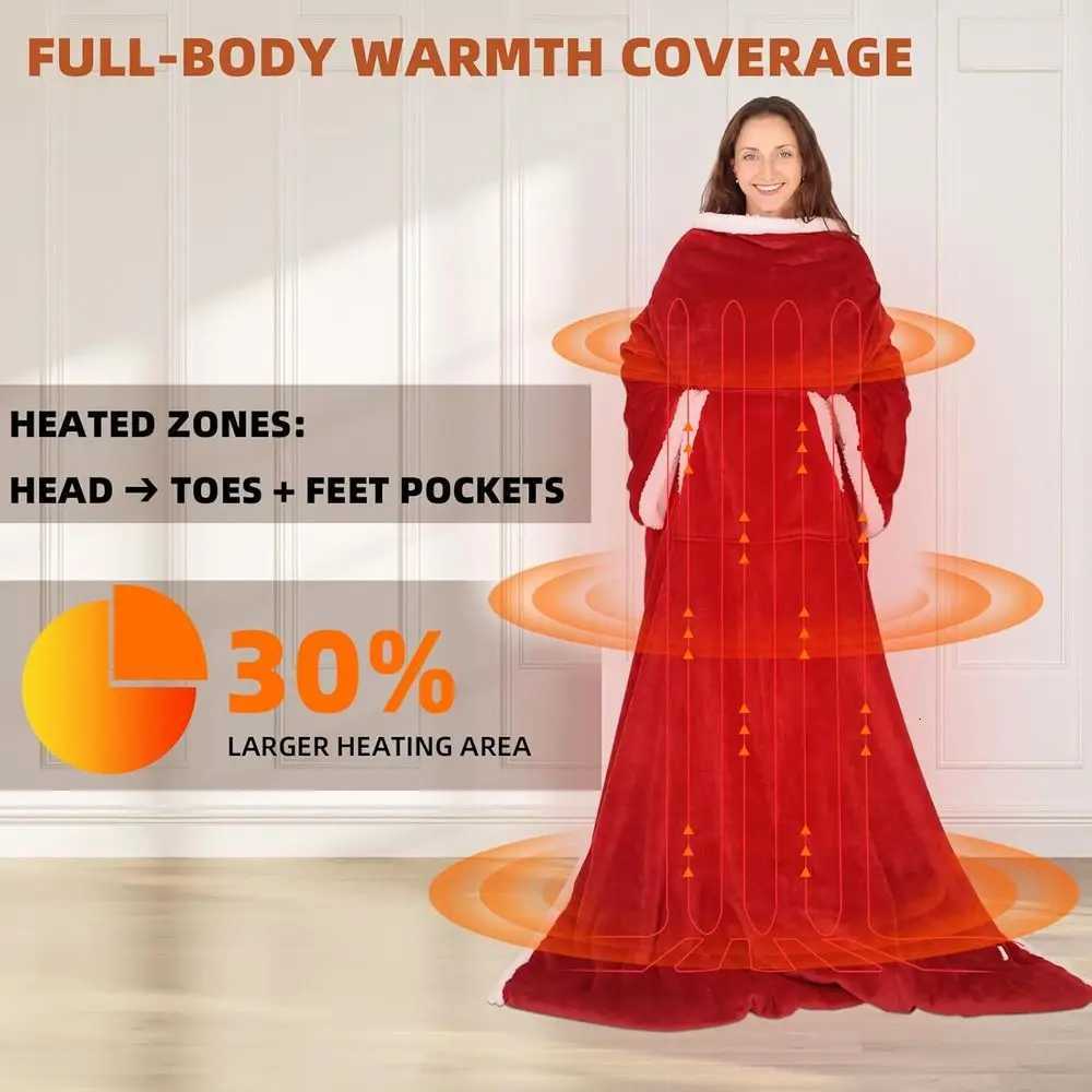 Sleeved Electric Throw Blanket with Foot Pocket 6 Heat Levels 70x50 Plush Flannel Sherpa Wine Red Y251212