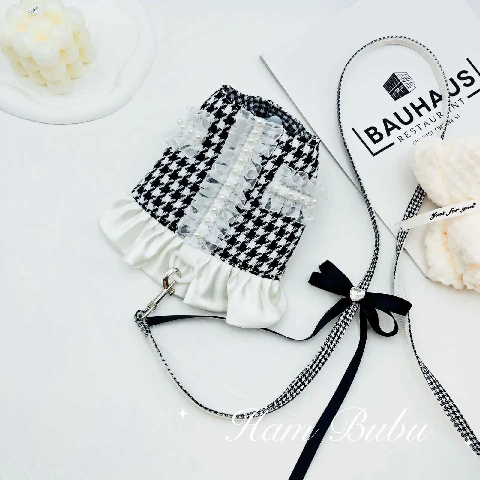Pet Autumn/Winter Checkered Coat Pearl Skirt Drawstring Teddy Dog Harness and Leash Set Dog Accessories for Small Dogs M251213