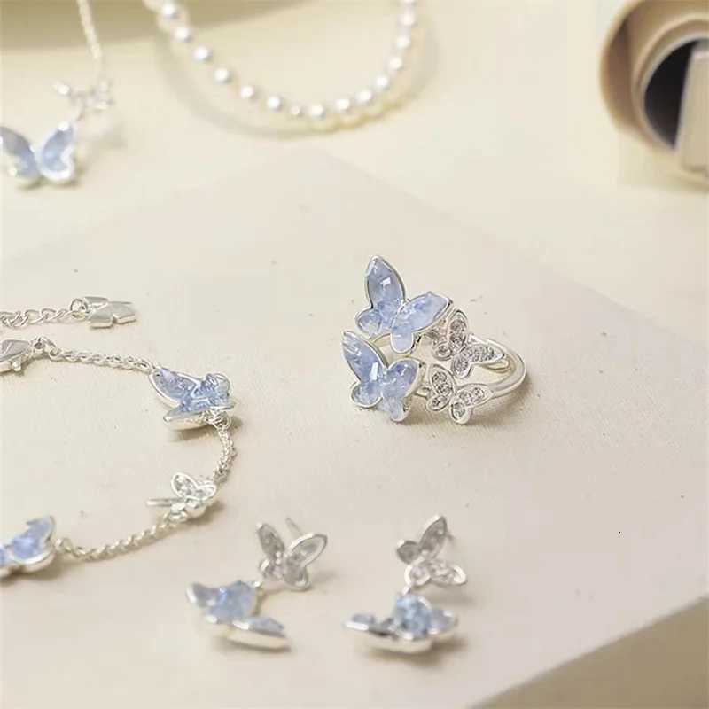 Fashion Silver Color Crystal Butterfly Jewelry Set Adjustable Earrings Necklace Ring for Women Handmade New Year Gift M251213
