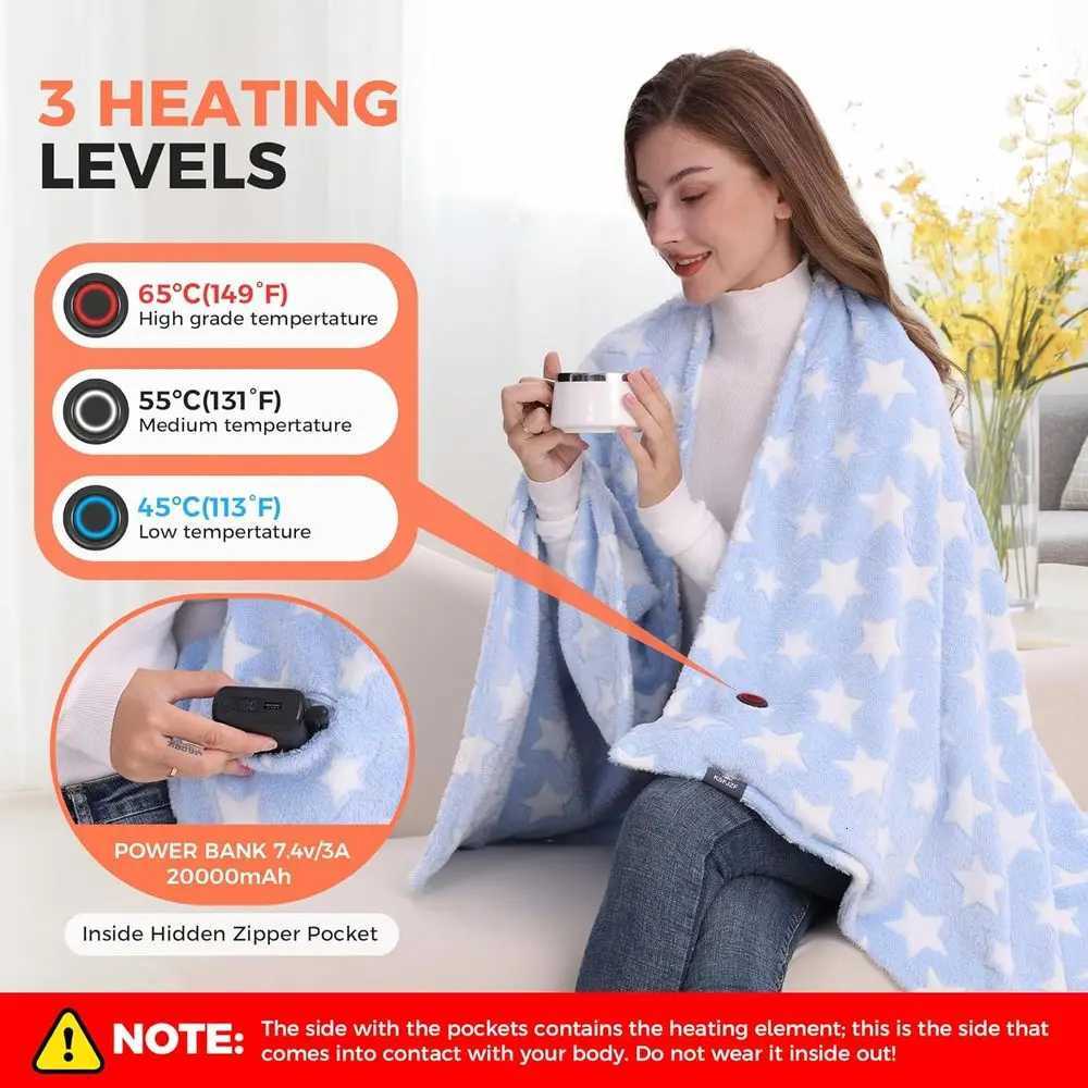 Portable Cordless Electric Heated Blanket 20000mAh Battery 3 Heating Levels 59x355 Blue Y251212
