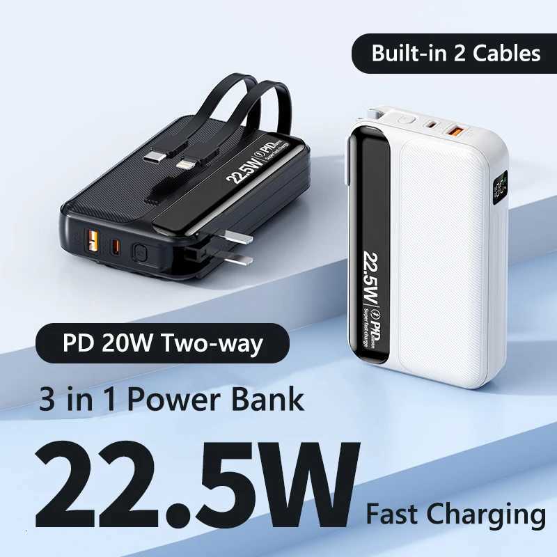 Power Bank 20000mAh Built Cables Plug Wall Charger 225W Fast Charging Powerbank for iPhone 16 X External Battery H251213
