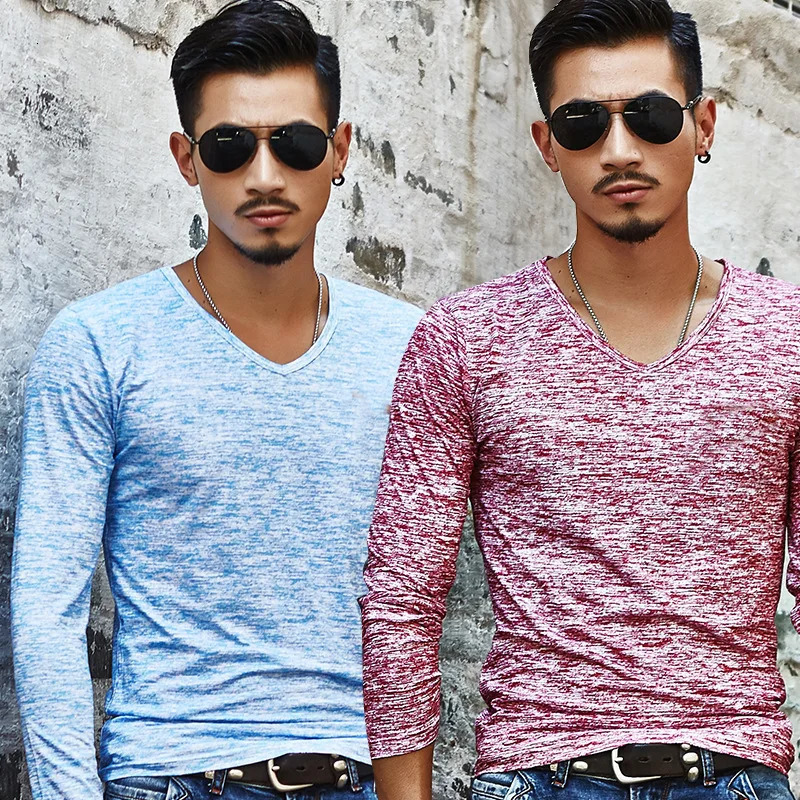 Casual Mens Long Sleeves Muscle V Neck Slim T-Shirt Solid Color Activewear Tops Tee Undershirt T Shirt Man Clothing 251211