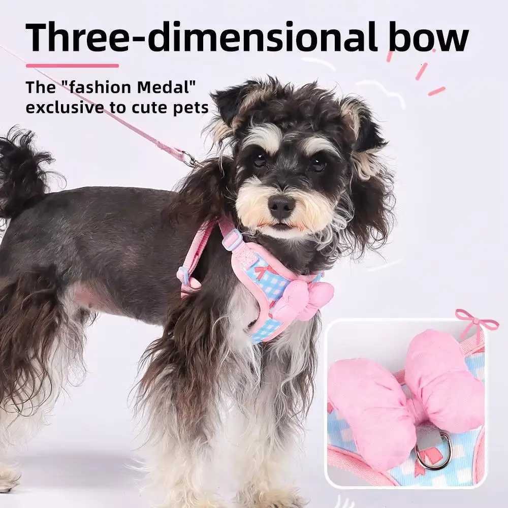Small Dog Leash Bowknot Harness Pet Plaid Chest Strap Adjustable Item No-Pull Dog Harness And Leash Set Outdoor Pet Braces M251213