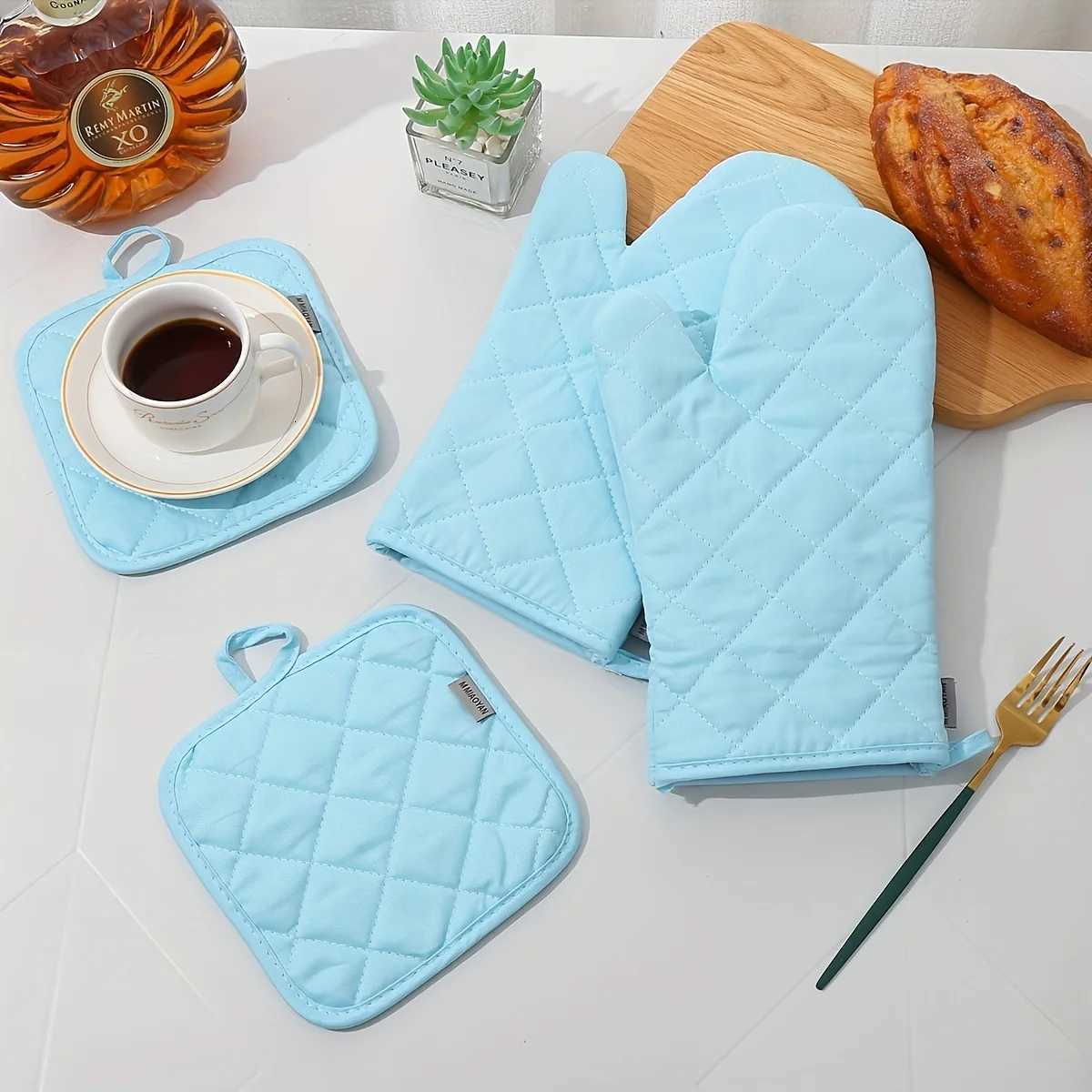 Heat-Resistant Gloves Pot Holders Set 500F Super Thick Oven Mitts Insation Mat 33cm Gray H251212