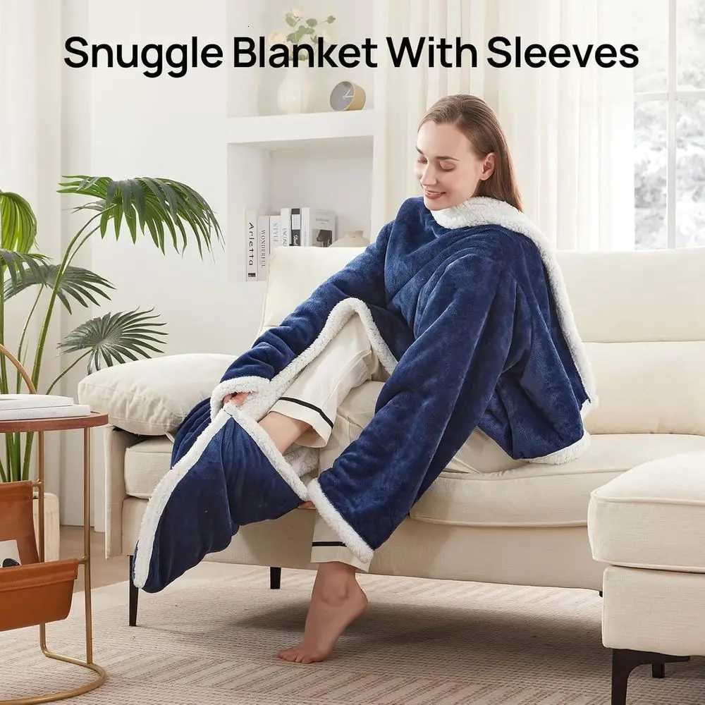 Navy Electric Throw Blanket with Foot Pocket 6 Heat Settings 2-10 Hours Timer 50x7018 Wearable with Sleeves Y251212