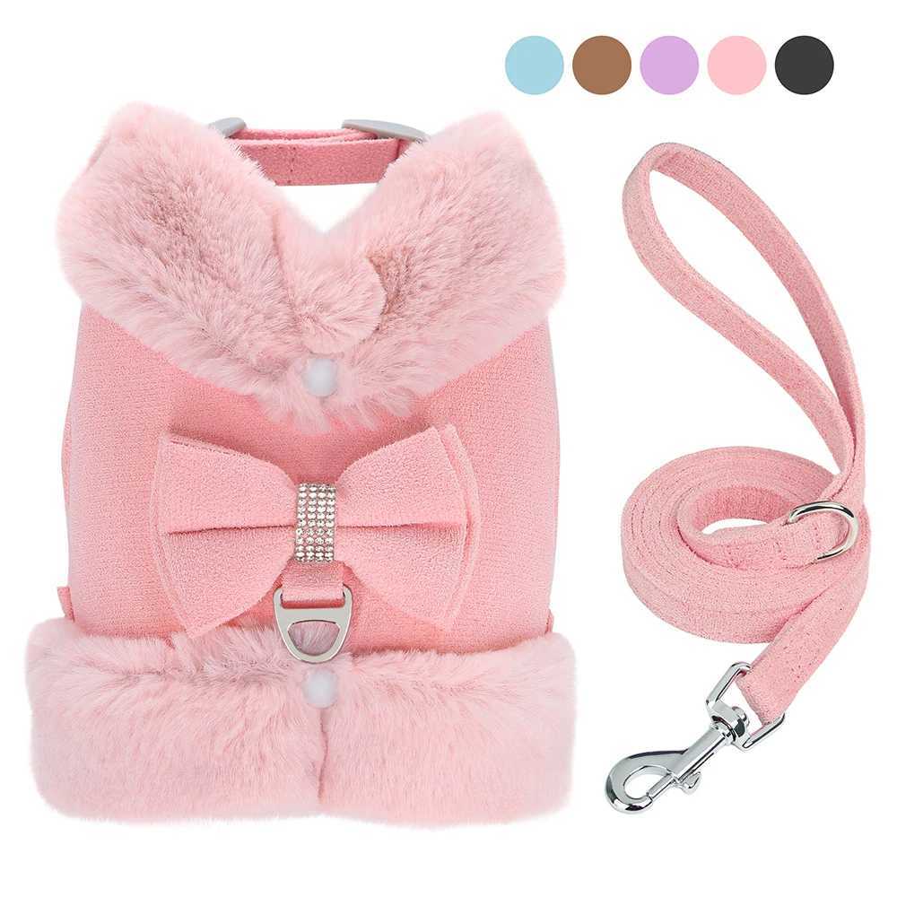 Warm Fur Puppy Dog Harness Leash Cute Bowknot Dogs Cat Harnesses Padded Pet Vest With Matching Lead Rope For Dogs Cats Winter M251213