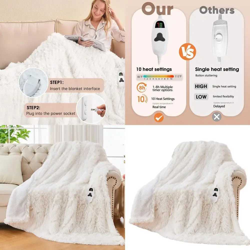Twin Size Electric Heated Blanket - Plush Faux Fur Sherpa 10 Heat Levels 5 Timers Ideal Winter Gift 62x84 Snow Cloud Y251212
