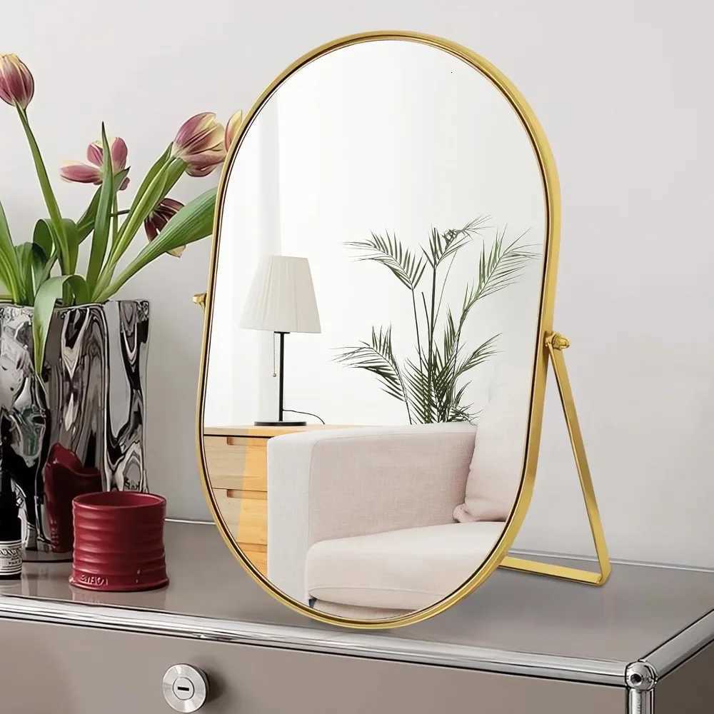 Vanity Makeup Mirror with 90Adjustable Rotation Oval Golden Metal Framed Standing Table Mirror for Bedroom BathroomT251213