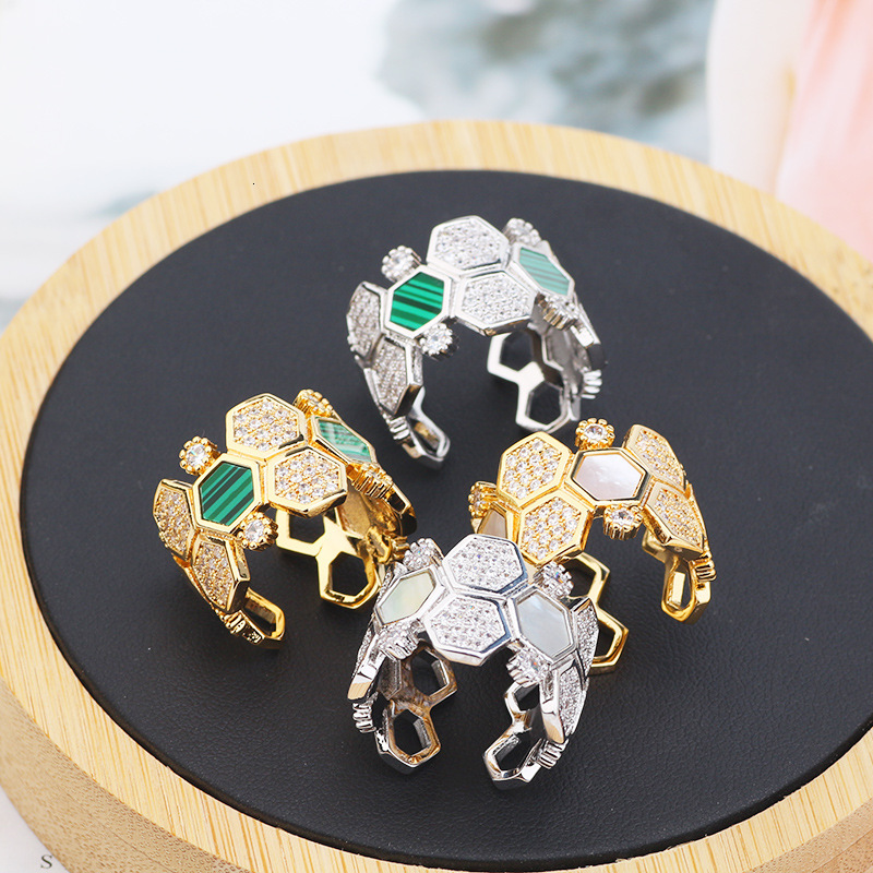 Creative Hexagonal Honeycomb Bracelet Ring Set Fashionable Personalized Inlaid Mother-of-Pearl Hand Jewelry