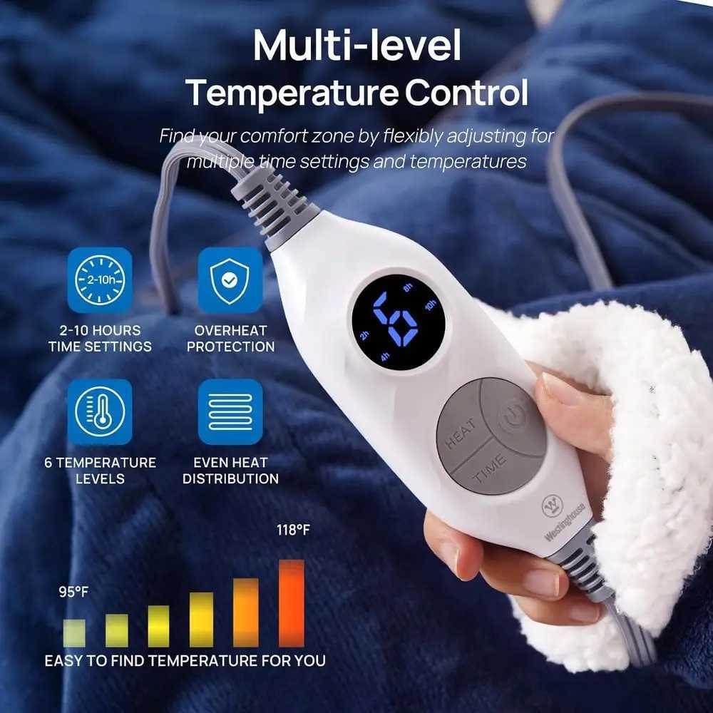 Navy Electric Throw Blanket with Foot Pocket 6 Heat Settings 2-10 Hours Timer 50x7018 Wearable with Sleeves Y251212