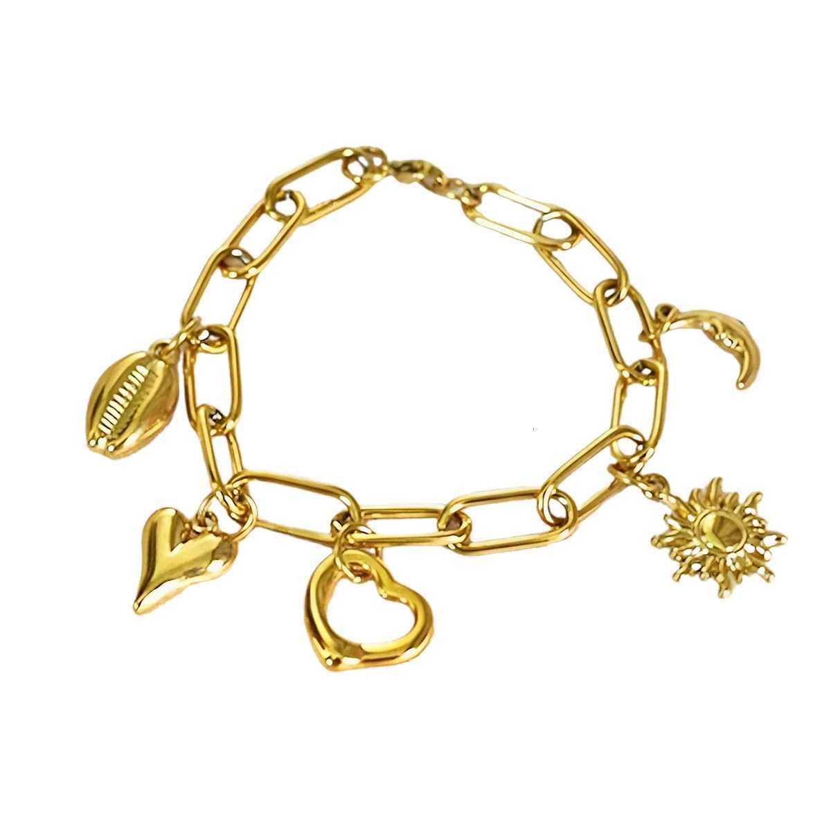 Stainless Steel Metal Gold Plated Sun Moon Heart For Women Trendy Wrist Chain Handmade Jewelry Gift Party M251213