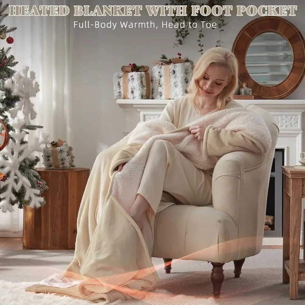 Wearable Electric Blanket with Foot Sleeve Pockets 10-Setting Heated Flannel Sherpa Throw Auto-Off 50x70 Beige Y251212