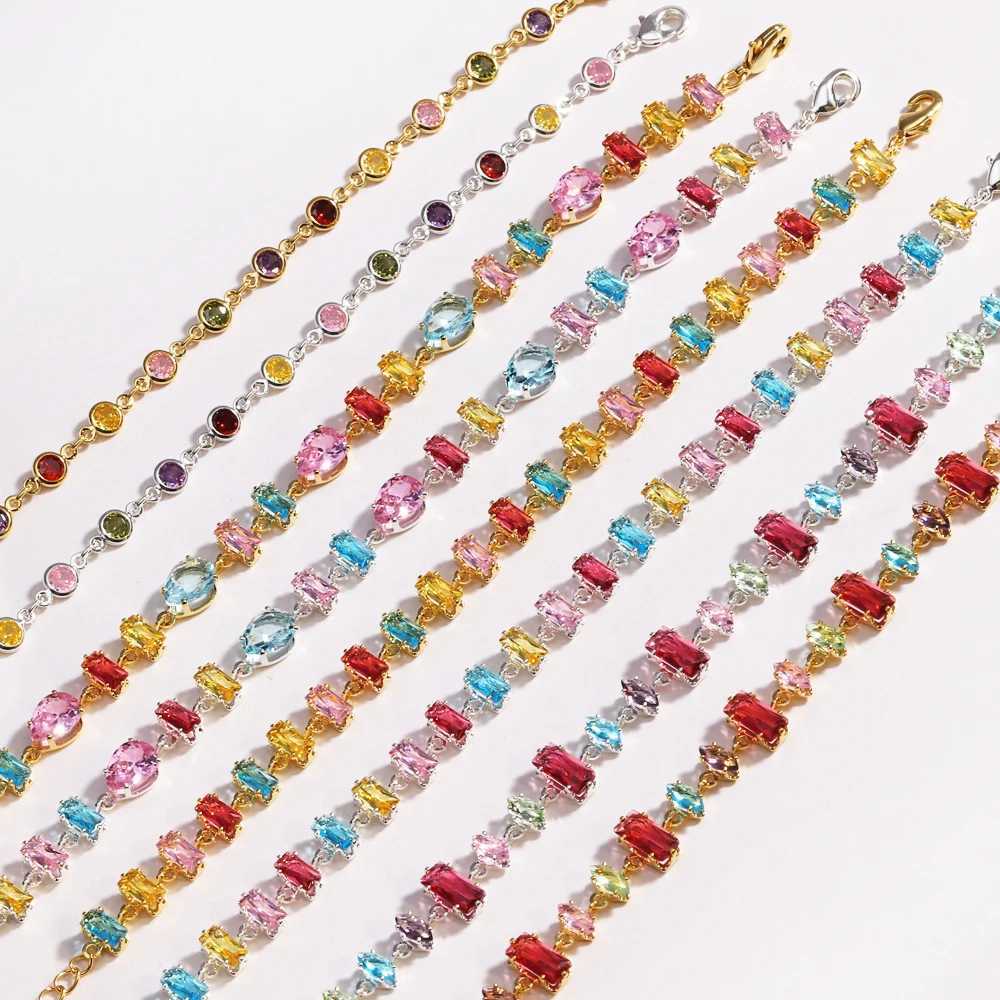 Delicate Colorful Luxury Cubic Zirconia Chain Chic Bangle Women Gold Color Wrist Wedding Engagement Party Jewelry Gift M251213