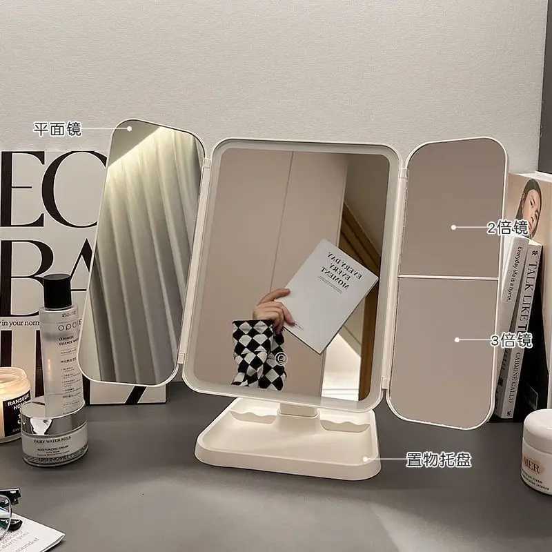 LED makeup mirror desktop with light three fold enlarged internet famous dormitory desktop beauty bedroom dressing mirrorT251213