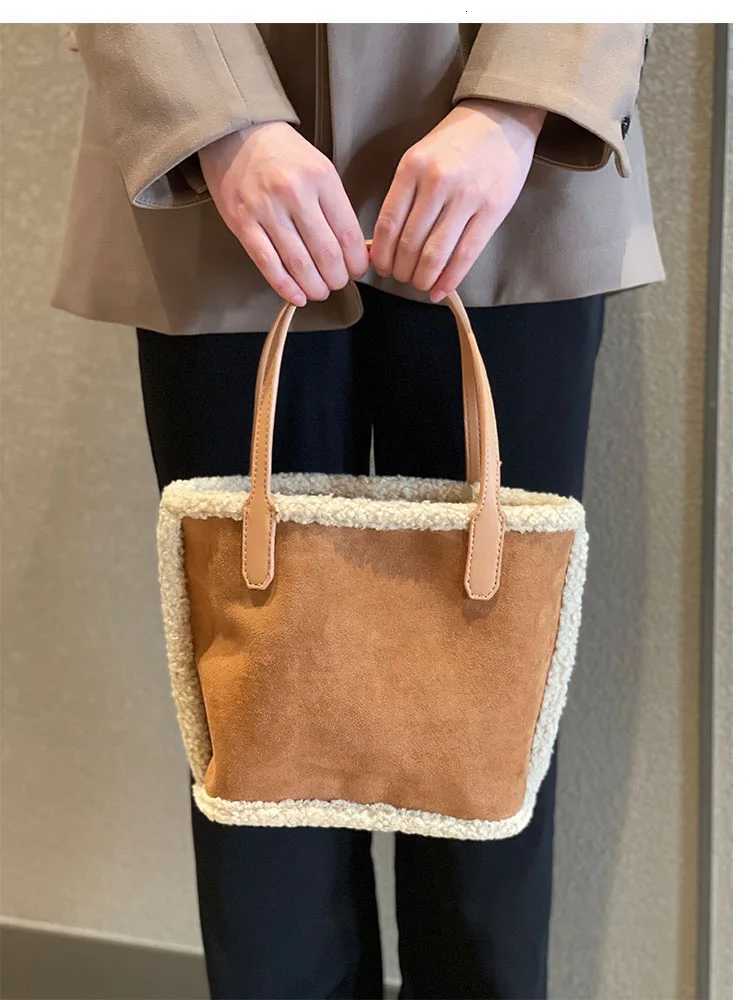 2025 new velvet color-blocked fur bucket bag womens plush color-blocked PU handbag fashionable and versatile commuting bagT251213