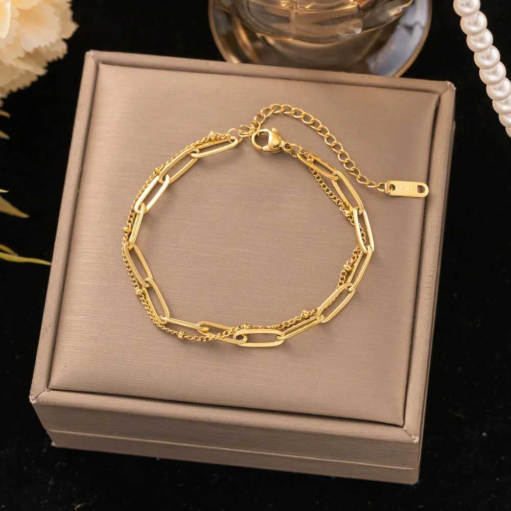 Punk Doube Layered Paperclip Beads Chain Link Female Gold Color Stainless Steel Chain s for Women Jewelry Gift M251213