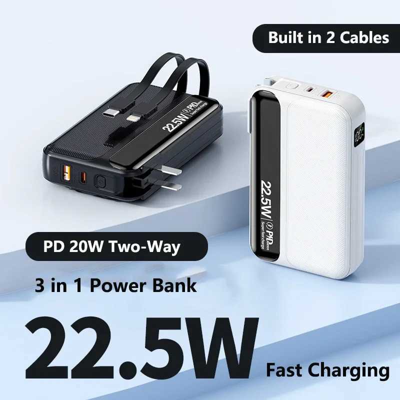20000mAh Portable Power Bank Built in Cable with AC Plug Wall Charger 225W Fast Charging Powerbank for IPhone H251213