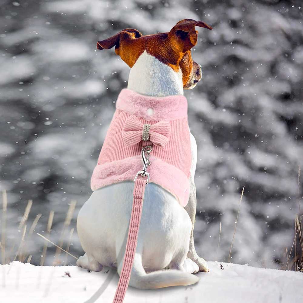 Warm Winter Dog Harness Leash Set Cute Bowknow Puppy Small Dog Vest Harness Soft Fur Collar Vest With Bowtie For Pug Yorkie Pink M251213