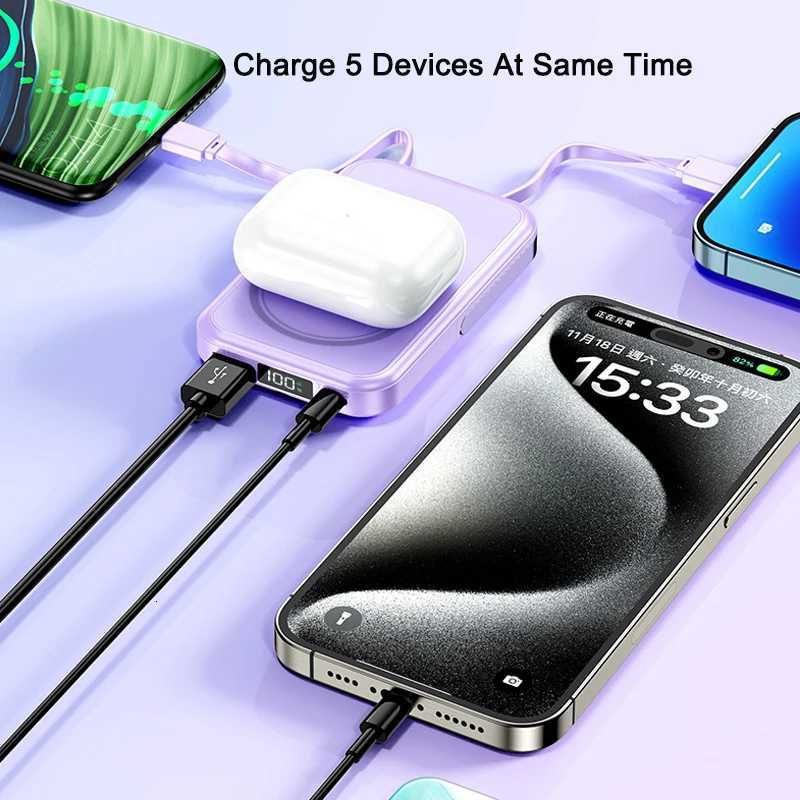 10000mAh Wireless Magnetic Power Bank Built in 3 Cables Portable External Battery For iPhone 16 Fast Charging Powerbank H251213