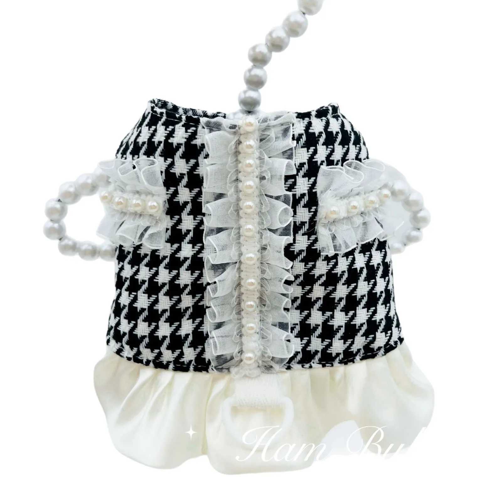Pet Autumn/Winter Checkered Coat Pearl Skirt Drawstring Teddy Dog Harness and Leash Set Dog Accessories for Small Dogs M251213
