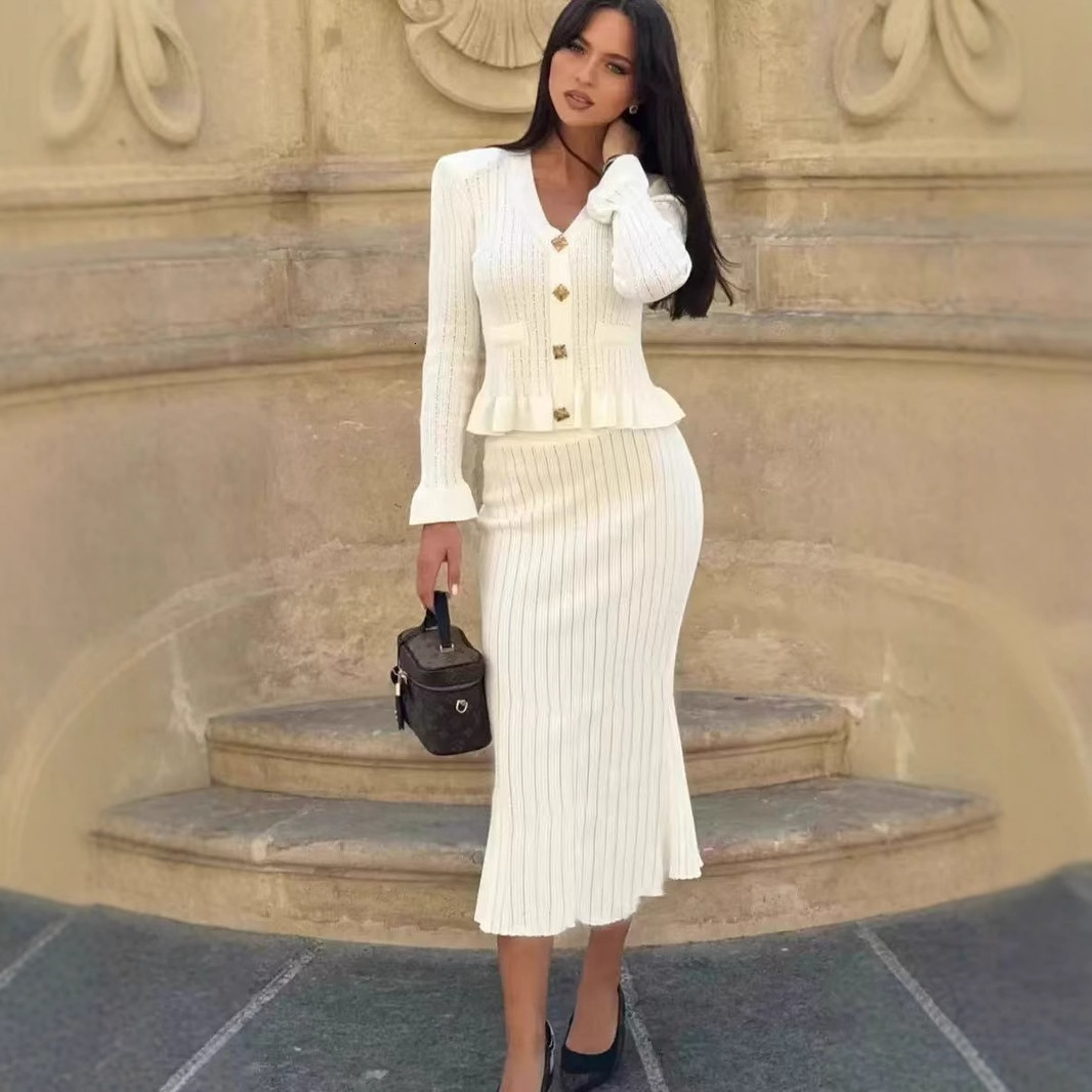 French V-neck Ruffled Long Sleeve Cardigan Bodycon Mermaid Long Dress Stretch Knit Two-piece Set for Women