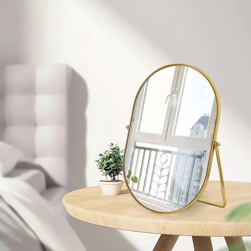 Vanity Makeup Mirror with 90Adjustable Rotation Oval Golden Metal Framed Standing Table Mirror for Bedroom BathroomT251213