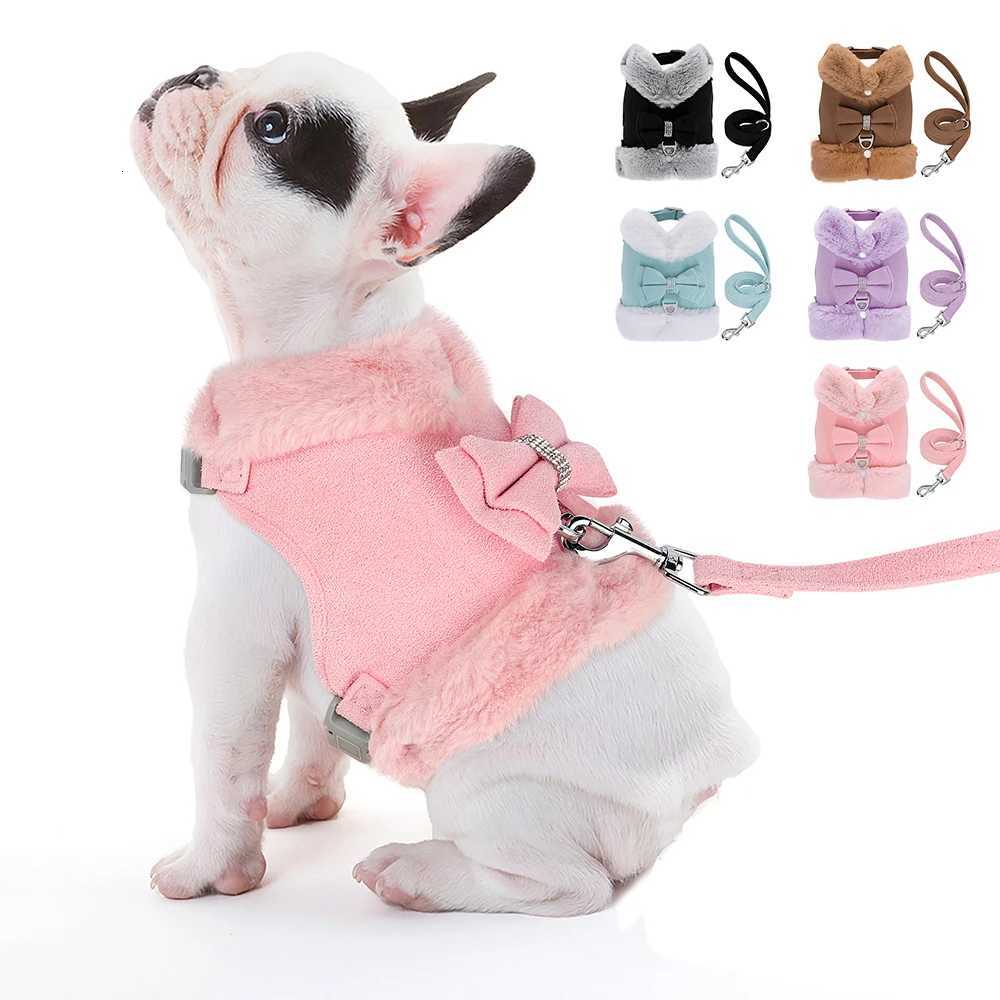 Warm Winter Dog Harness and Leash Set Cute Bowknot Pet Fur Vest Pets Puppy Clothes Vest Small Dog Clothing French Bulldog M251213
