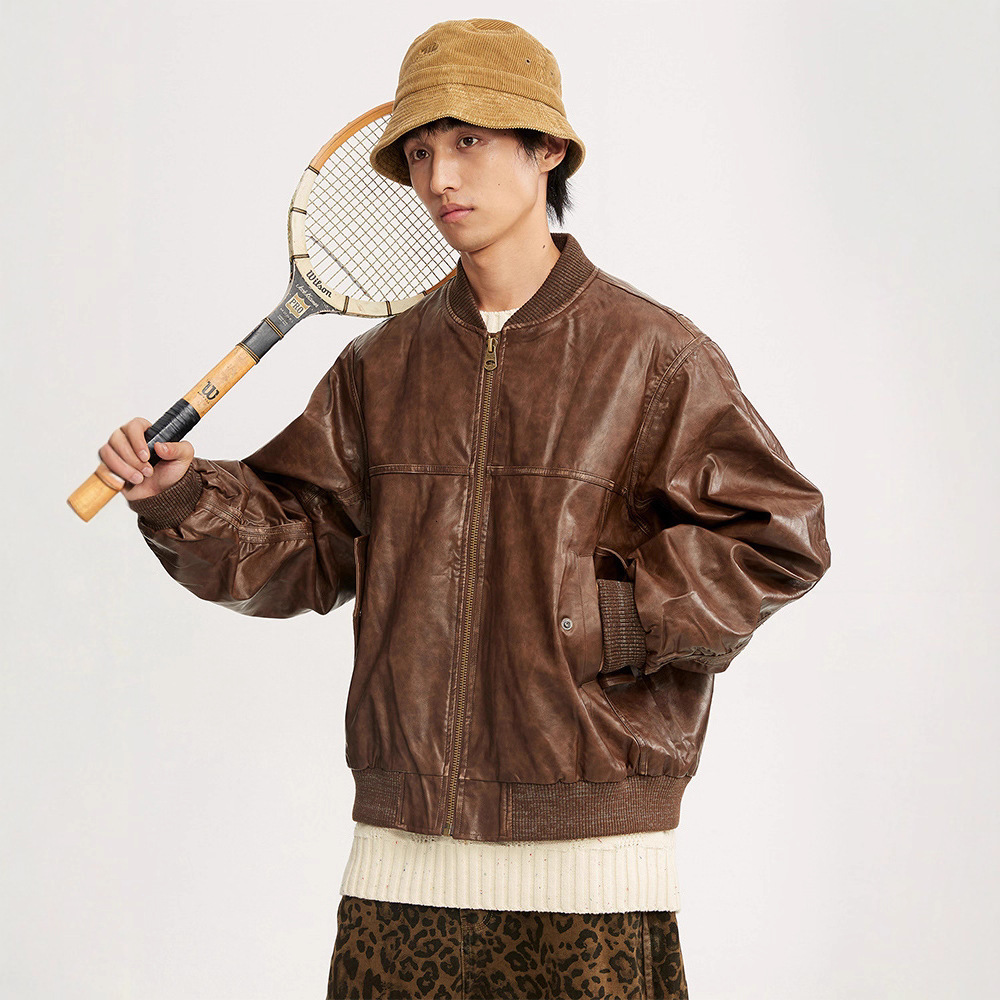 Purple Sheepskin Baseball Jacket Men Streetwear Long Sleeve Trend Casual Slim Leather Coats Male Clothes Motorcycle 241104