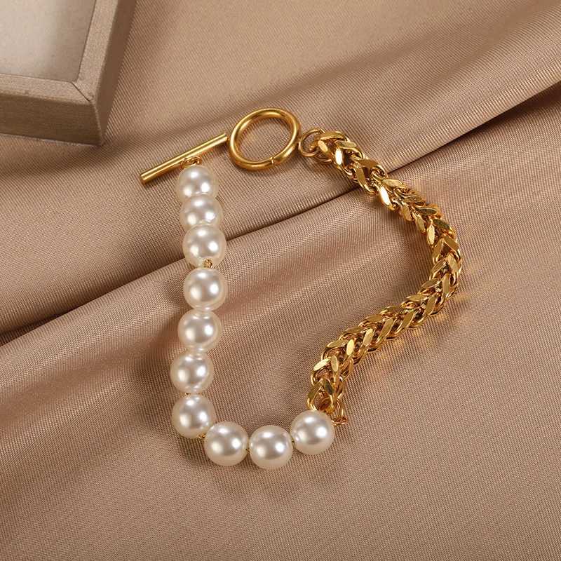 Ins Style Unique Design Feel Personality Cuban Chain Combine Imitation Pearl OT Clasp Stainless Steel for Women M251213