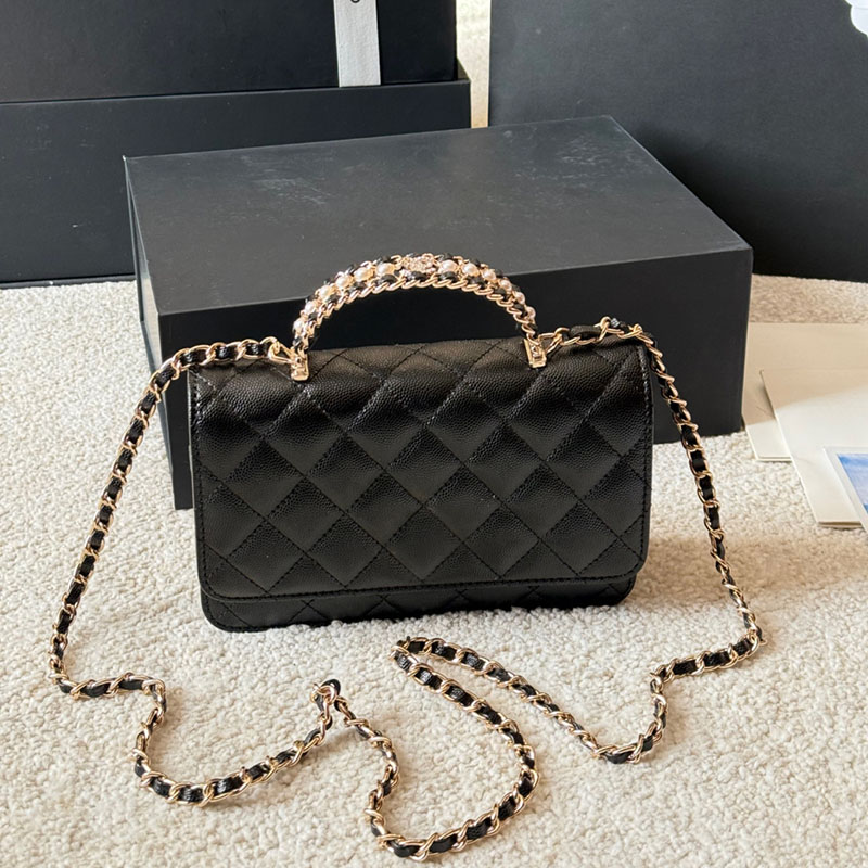 2026TOP Pearl Diaonds Letter Handle Ladies Designer Flap Bag Woc Caviar Leather Light Gold Hardware Matelasse Chain Card Holders Shoulder Wallet Cross Body Handbag
