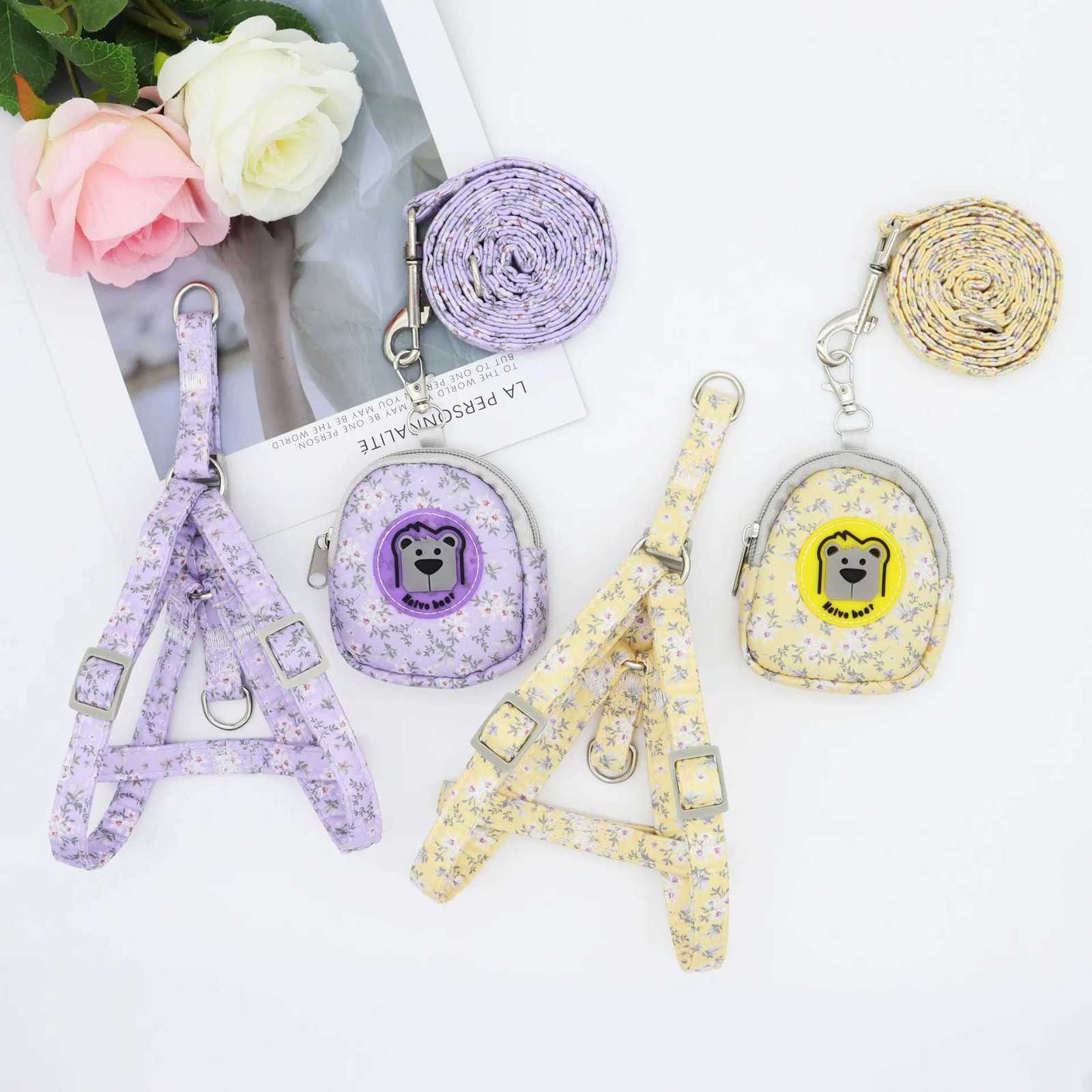 Pet Dog Leash with Snack Bag Summer Floral Pattern Dog Chest Strap Cat Leash Outdoors Accessories for Dogs And Cats M251213