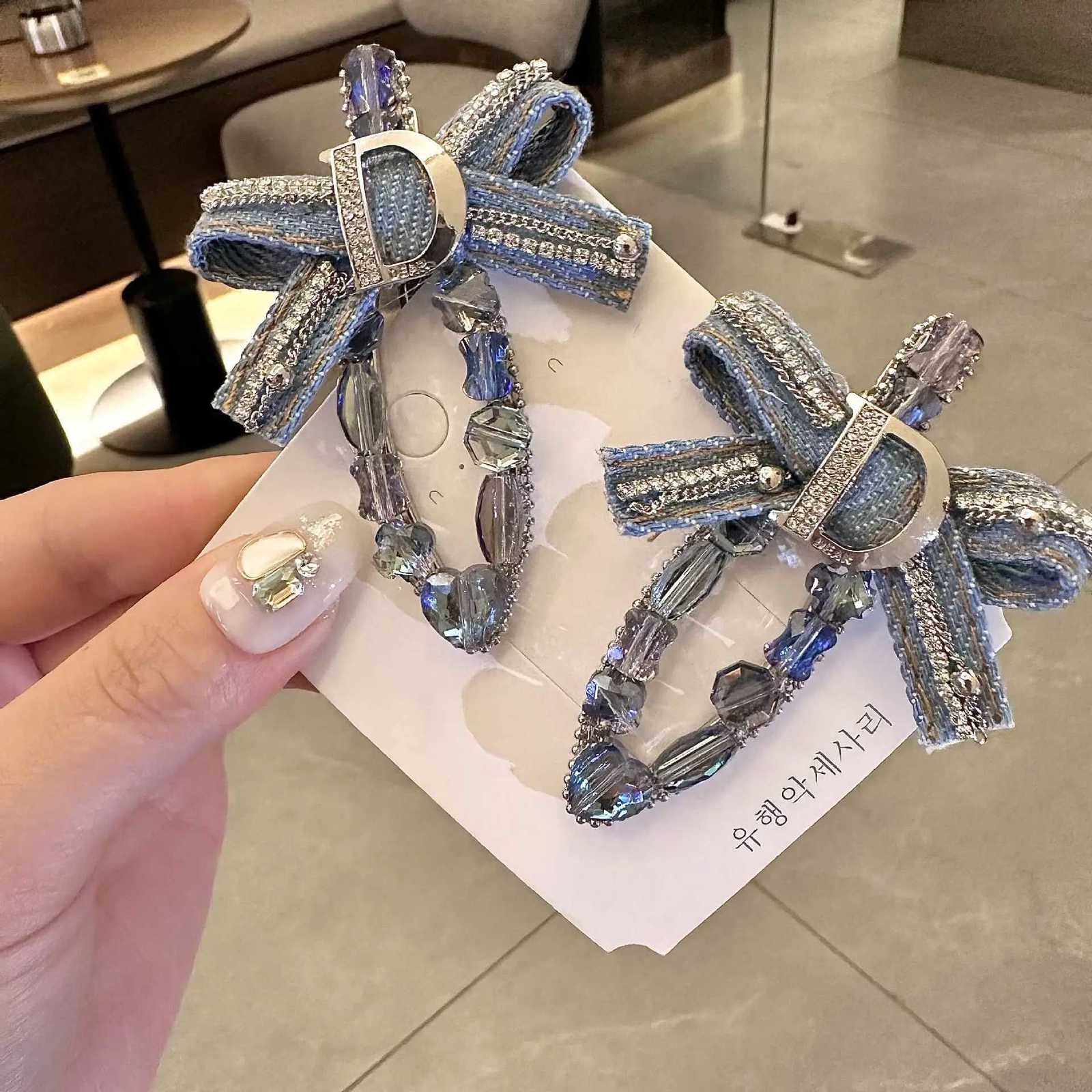 Shiny Diamond Denim Crystal Hair Clips Spring Clips Popular Blue Gemstone Crown Rhinestone Hairgrips Girl Bangs Clips Headdress Y251213