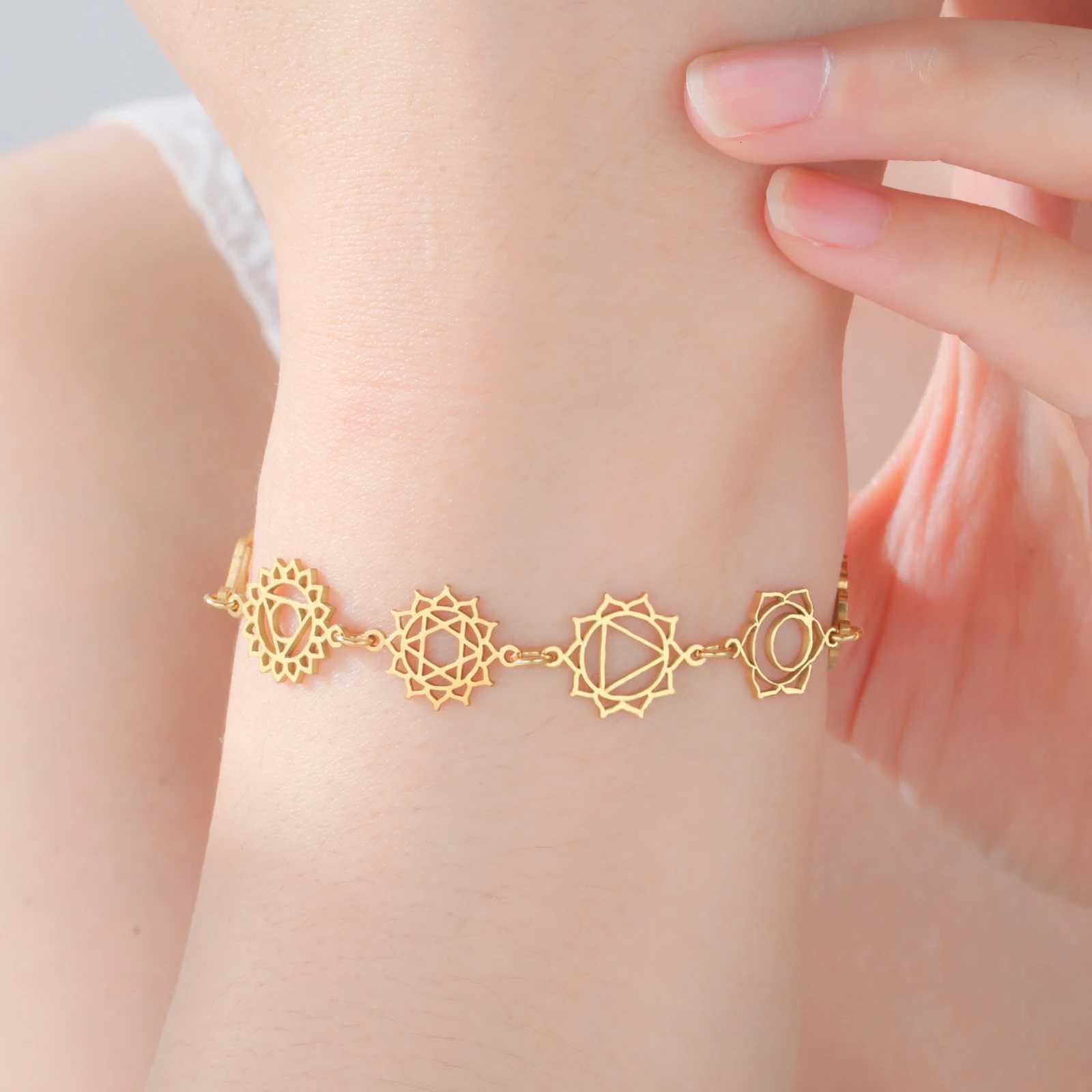 Skyrim 7 Chakras Yoga Charm Stainless Steel Gold Color Hand s Women Spiritual Jewelry Birthday Gift New In M251213