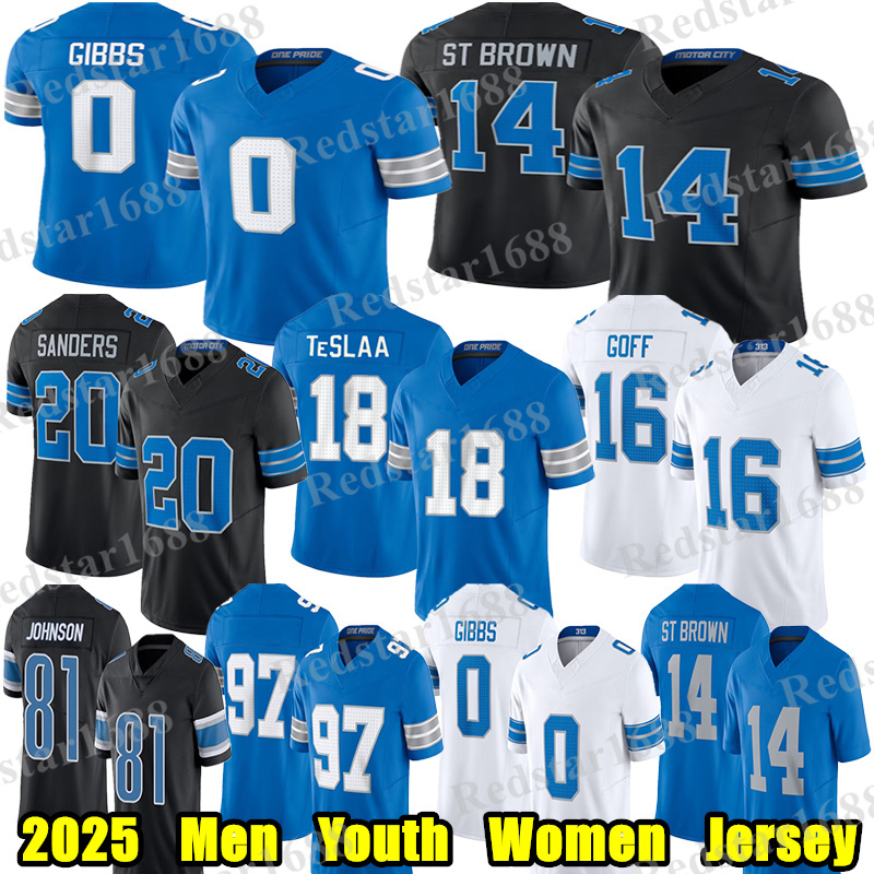 #0 Jahmyr Gibbs Football Jersey #16 Jared Goff Isaac TeSlaa Amon-Ra St Brown Jameson Williams Barry Sanders Johnson Sam LaPorta Terrion Arnold Alex Anzalone jerseys