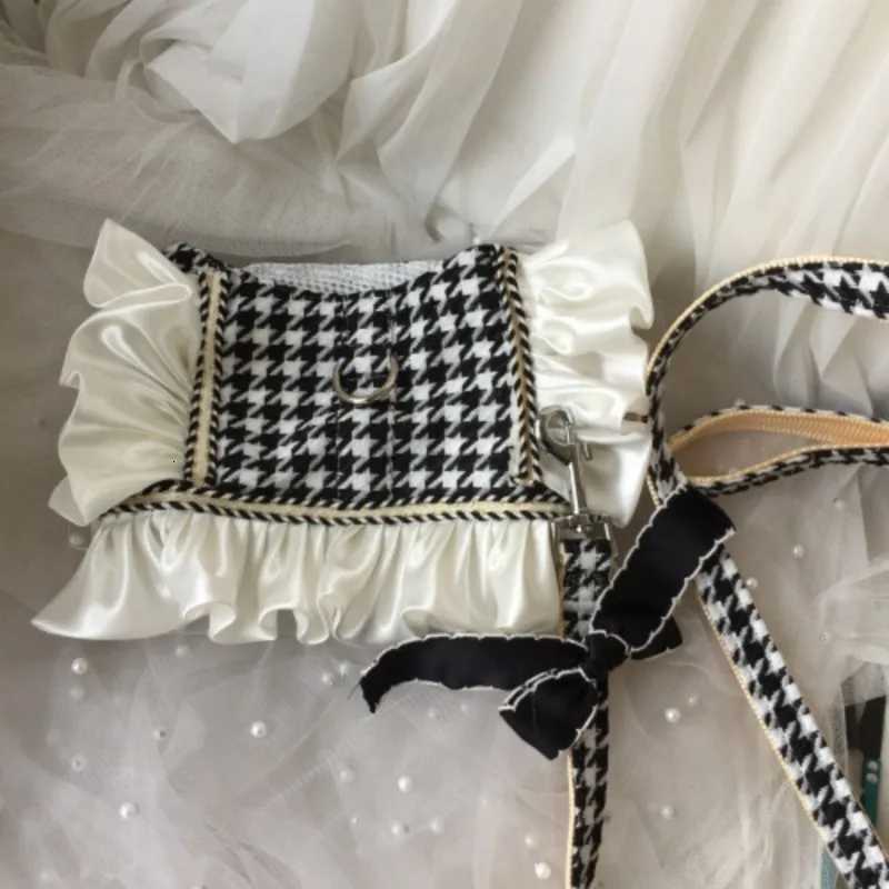 Pet Plaid Chest Back Traction Rope Bow Ruffles Chest Back Strap Dog Outgoing Chest Back Clothes Small Medium Dog Cat Harness M251213