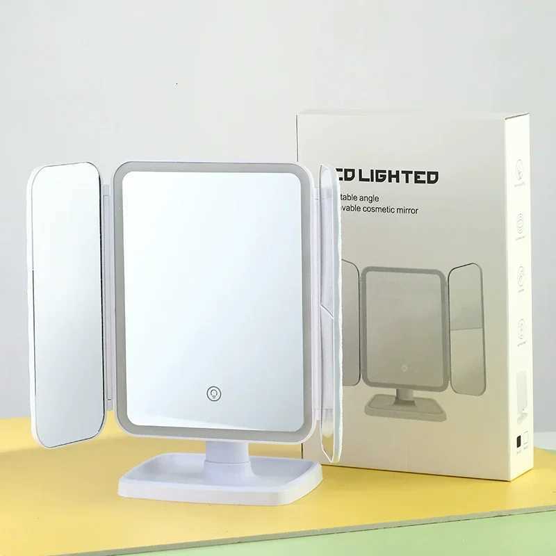 3 Lights Dimmable LED Makeup Mirror with Touch Screen Fold Cosmetic Makeup Mirror Rechargeable Tabletop for Travel Home UseT251213