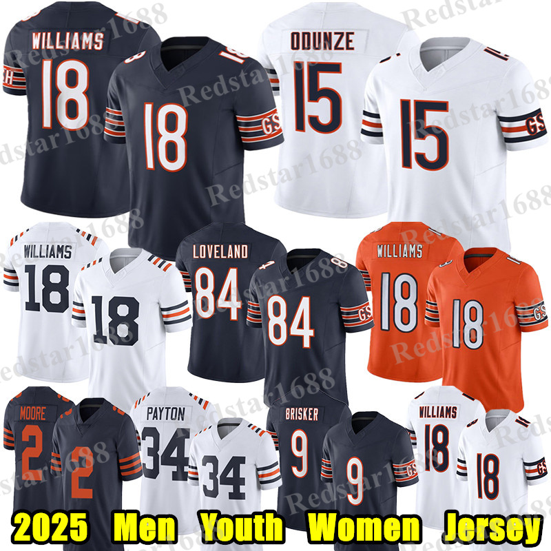 #18 Caleb Williams Football Jersey #15 Rome Odunze Colston Loveland DJ Moore Montez Sweat Cole Kmet Hester Wright Brian Urlacher Walter Payton Jaquan Brisker jerseys