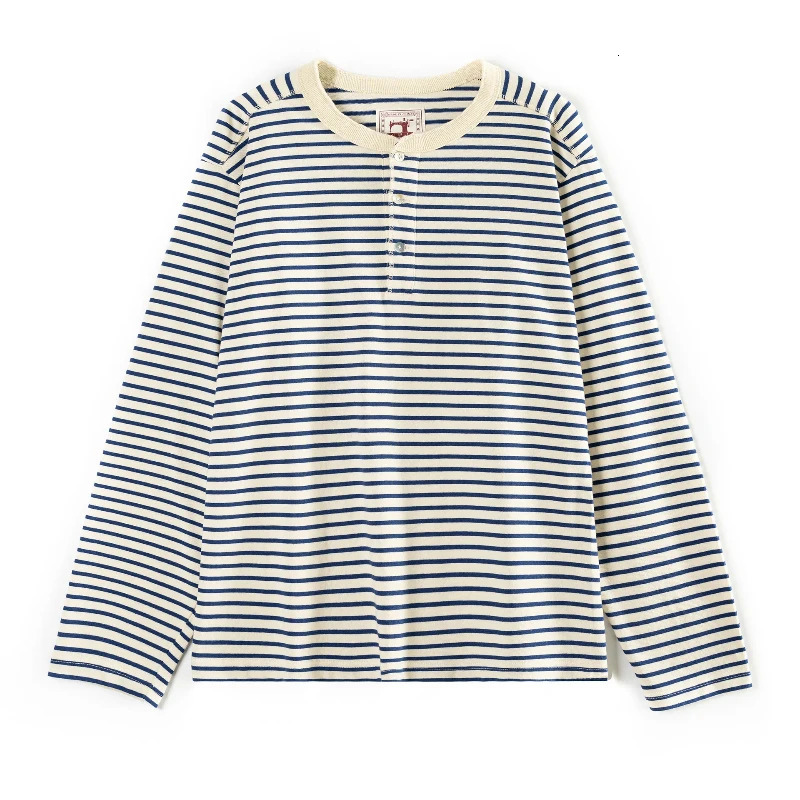 Classic American Retro Blue and White Sea Soul T-shirt Heavy duty All Cotton Striped Men Henry Collar Casual Long Sleeve T-shirt 251211