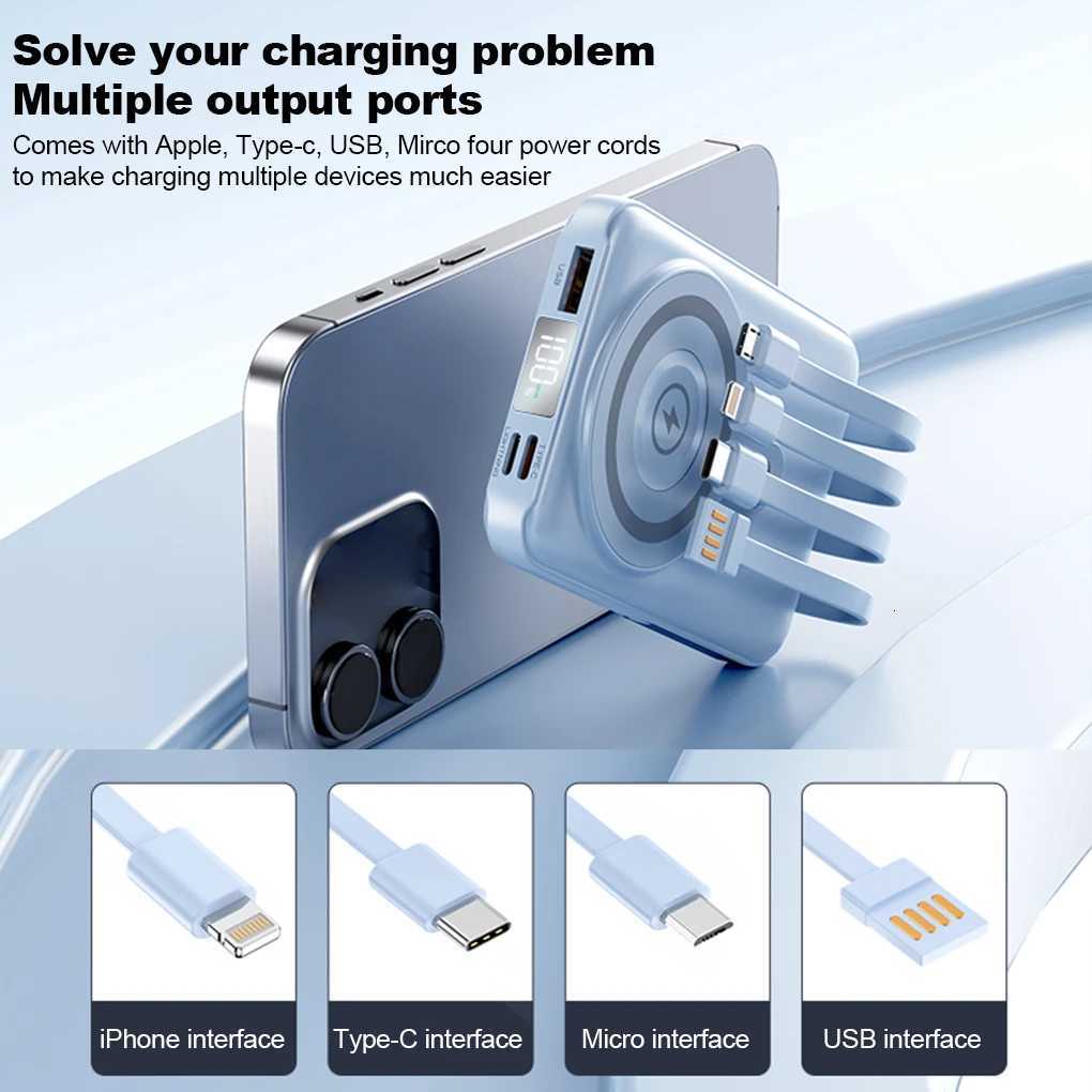 10000mAh Magnetic Power Bank with Stand 225W Wireless Fast Power Bank External Battery Built in Cables for iPhone H251213