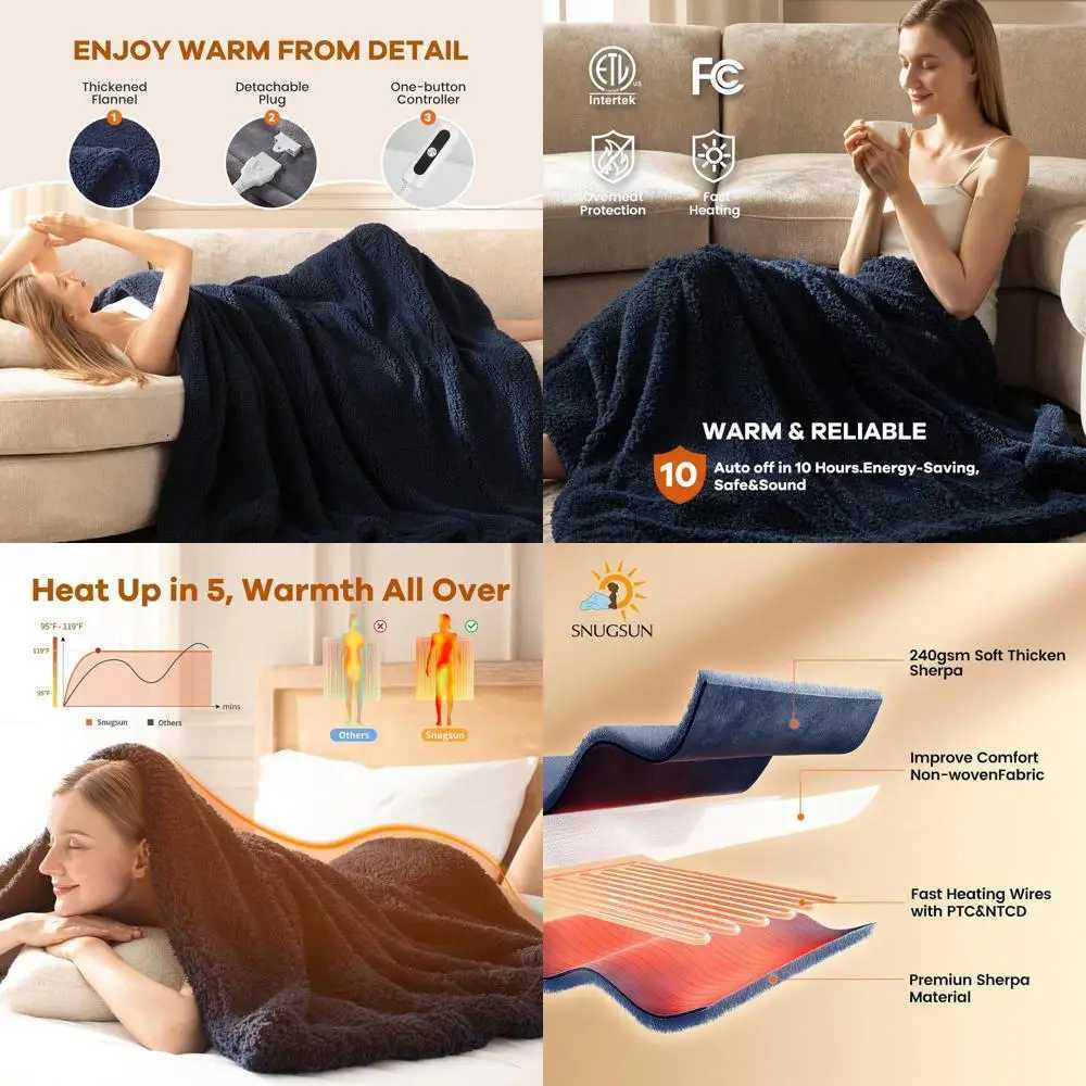 Double-Sided Sherpa Twin Electric Blanket with 6 Heat Settings Auto-Safety 10-Hour Timer 62x84 Navy Y251212