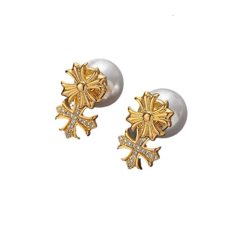 Cross Pearl for Women High-end Personality Fashion Internet Celebrity Versatile Stud European and American Light Luxury Niche Earrings