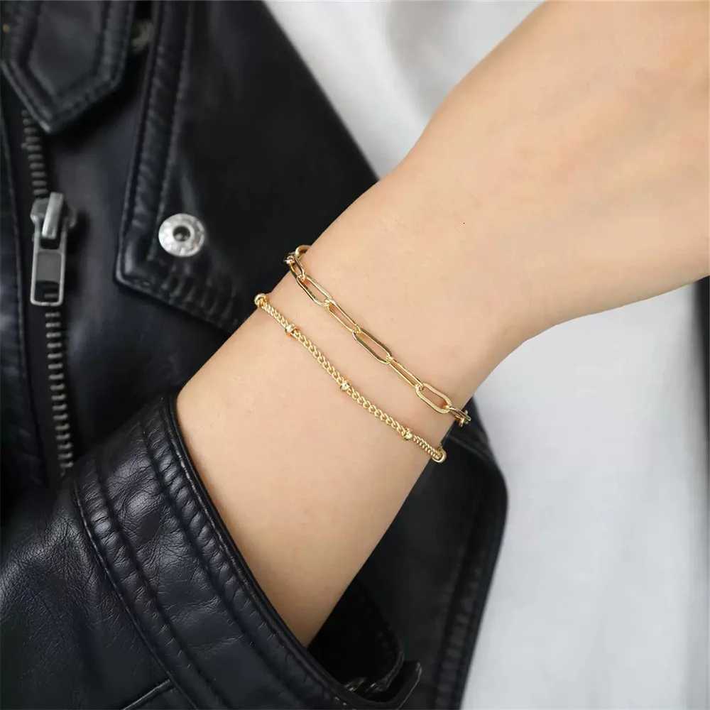 Punk Doube Layered Paperclip Beads Chain Link Female Gold Color Stainless Steel Chain s for Women Jewelry Gift M251213