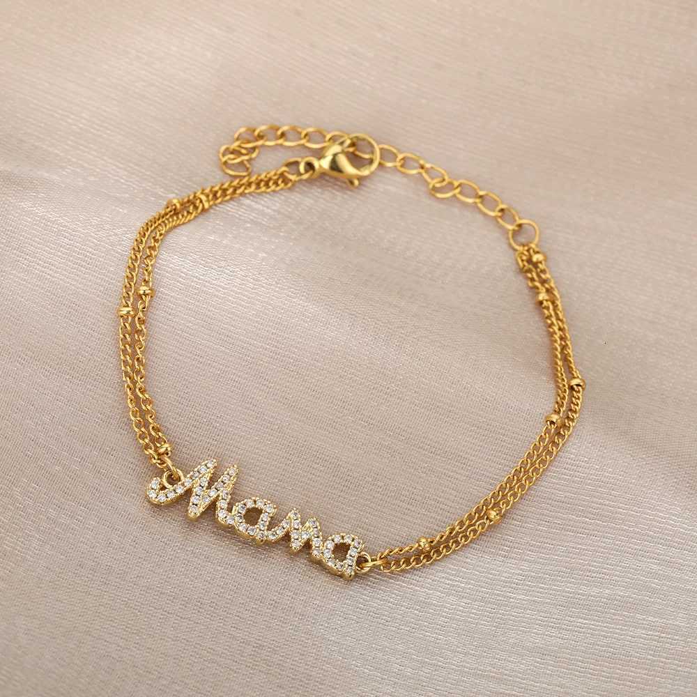 Zircon Letter Mama s For Women StainlESS Steel Double Bead Link Chain Family Femme Mother Jewelry Gift M251213