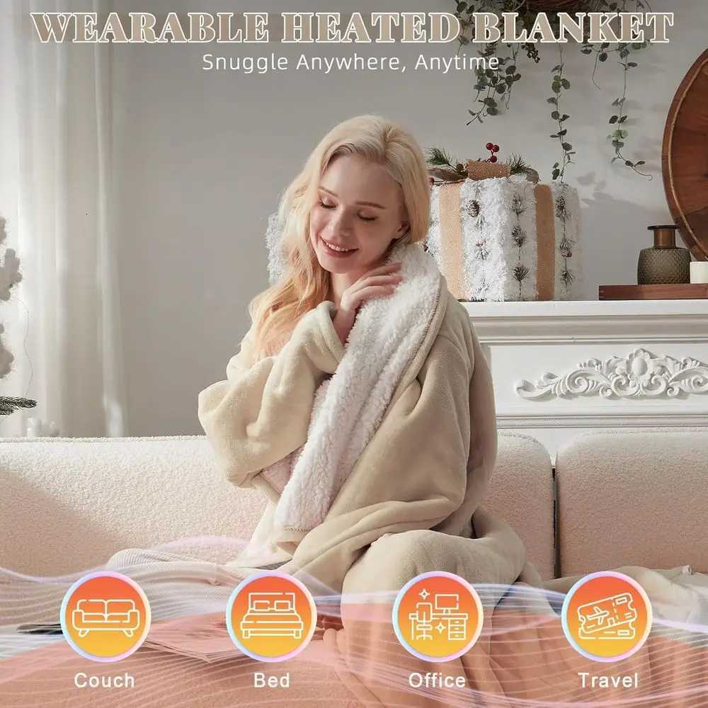 Wearable Electric Blanket with Foot Sleeve Pockets 10-Setting Heated Flannel Sherpa Throw Auto-Off 50x70 Beige Y251212