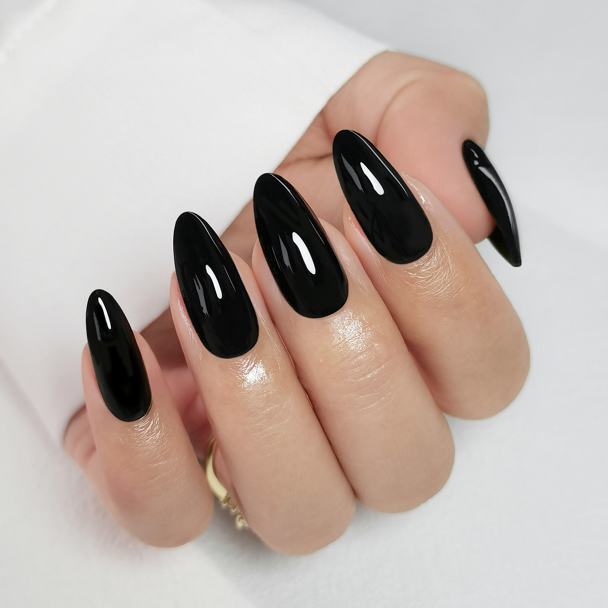 Almond Mid-length Black Fake Nail Solid Color Press on Nails Simple Full Cover Artificial Nail For Girls Nail Extension 32Pcs