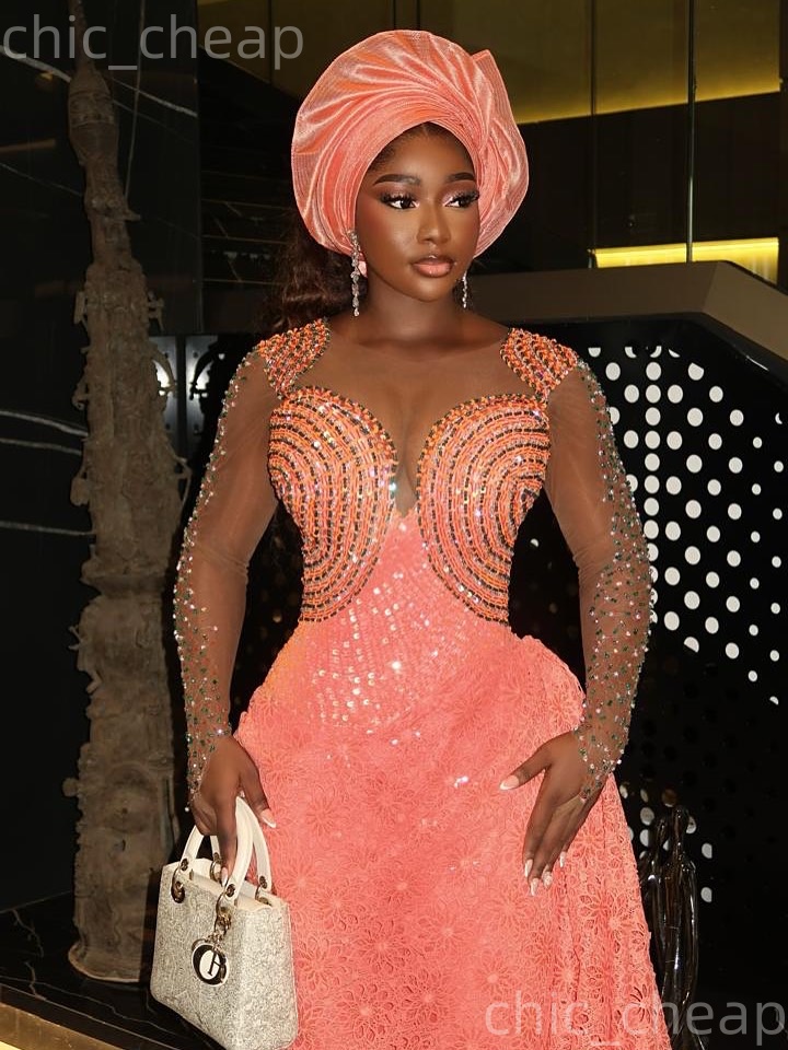 Aso Ebi Blush Pink Sheath Prom Dresses 2026 Lace Crystals Sheer Neck Evening Formal Party Second Birthday Engagement Gowns Plus Size Dress For Special