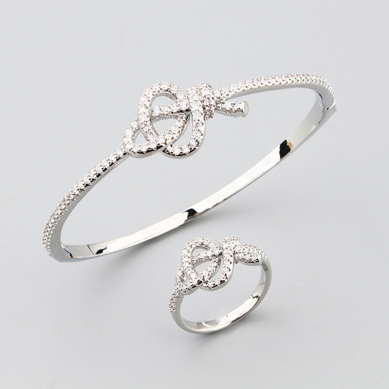 Simple Creative Knot Bow Bracelet Ring Set Elegant Unisex Copper Gold-Plated Micro-Inlaid Zircon Jewelry