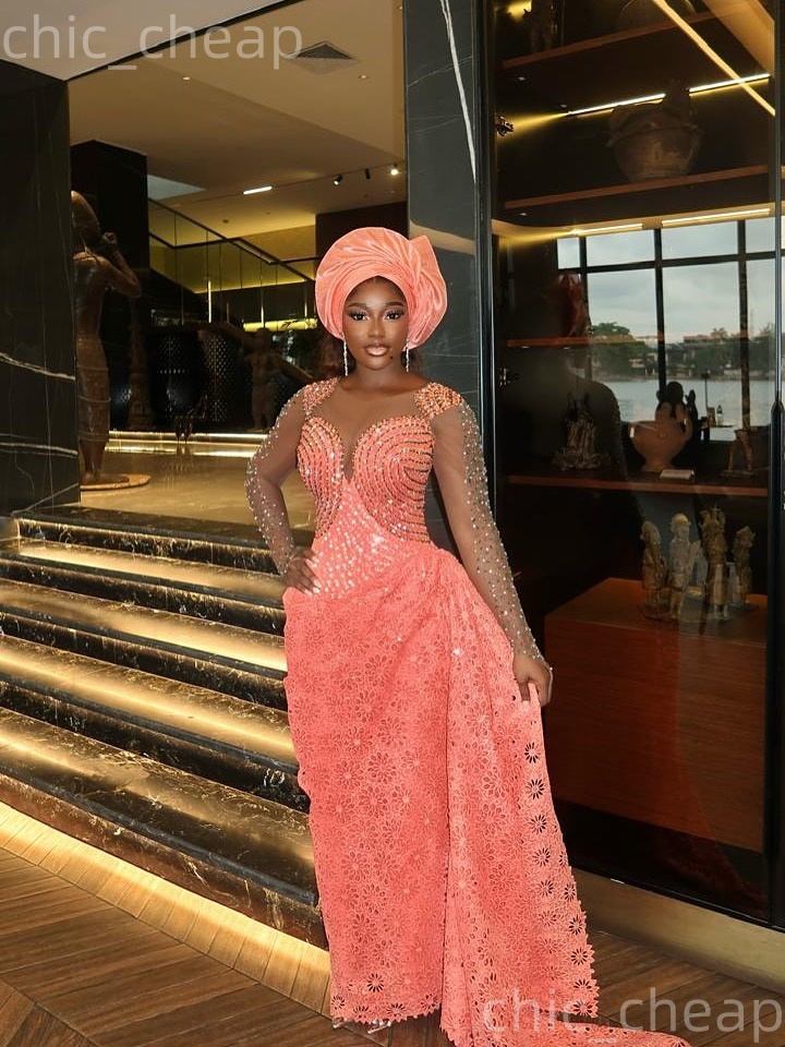 Aso Ebi Blush Pink Sheath Prom Dresses 2026 Lace Crystals Sheer Neck Evening Formal Party Second Birthday Engagement Gowns Plus Size Dress For Special